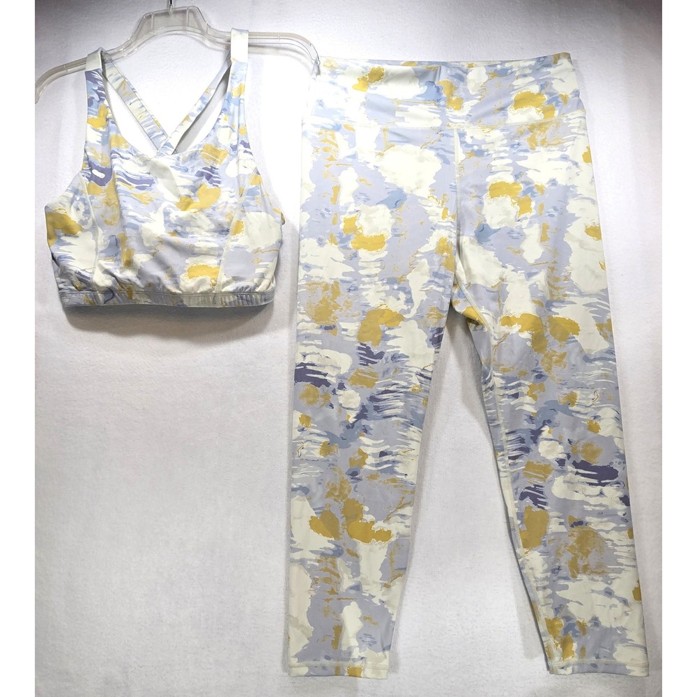Mono B Abstract Print Activewear Set Sports Bra Leggings Yellow Blue 2XL